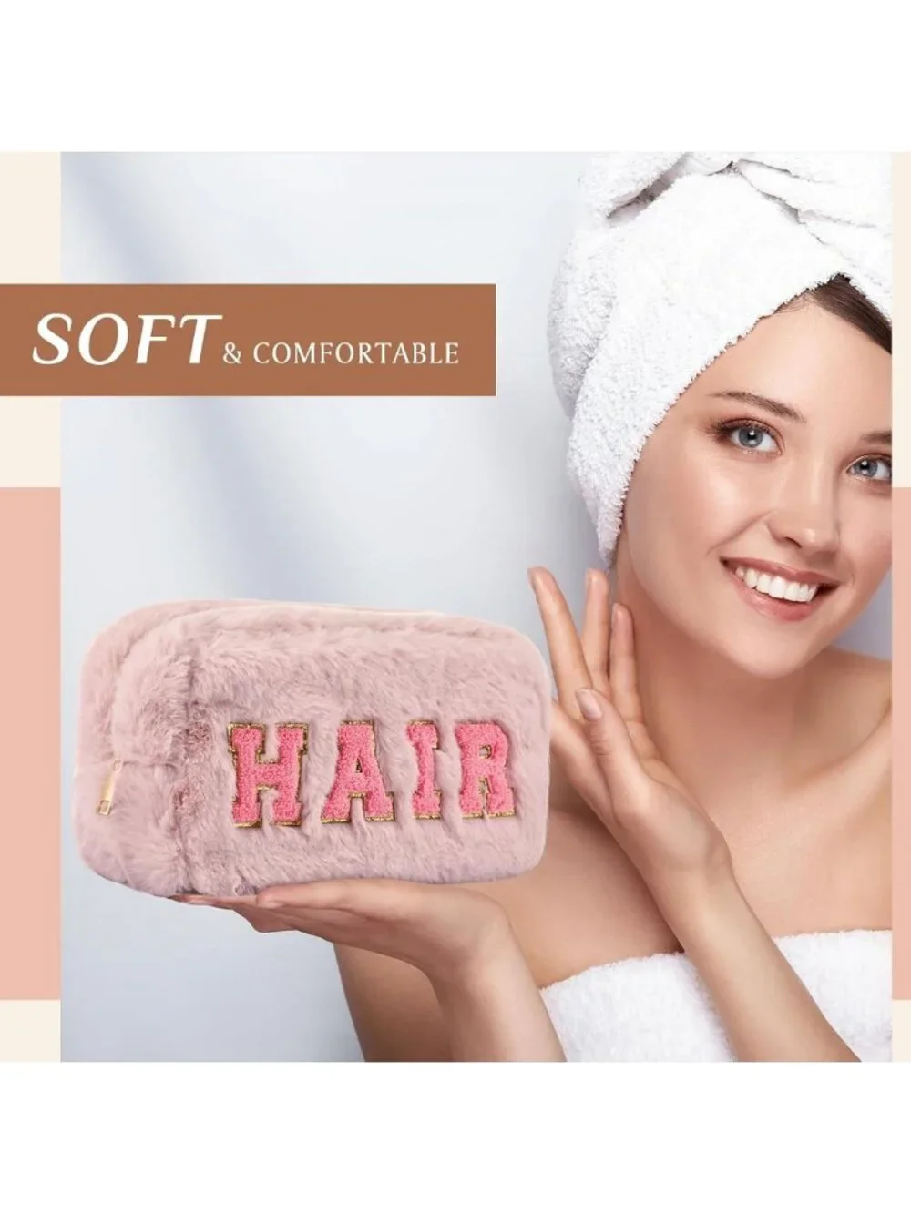 4-Piece Preppy Makeup Bag Set - Chenille Faux Fur Toiletry Pouches for Travel